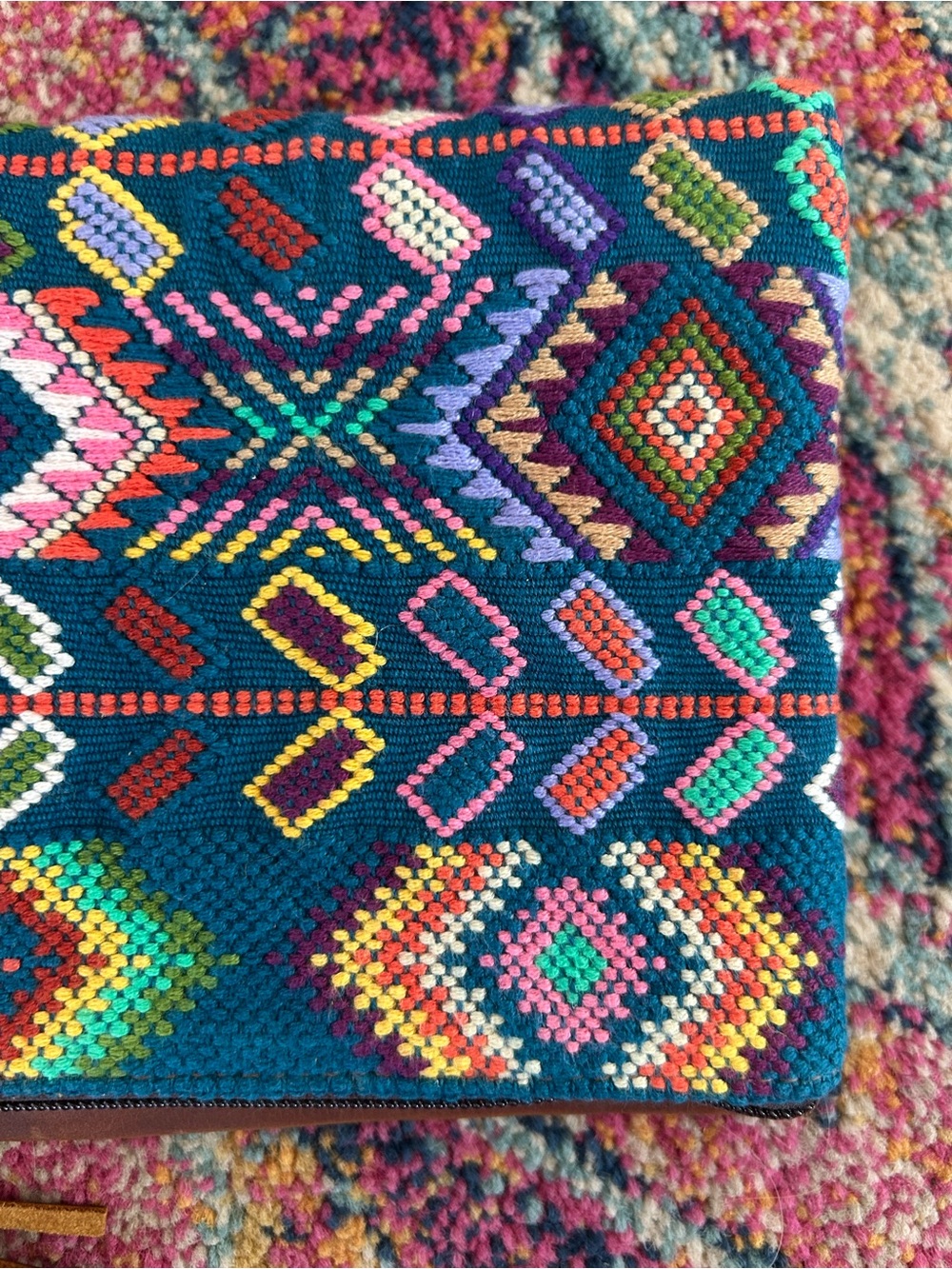 Guatemalan Artisan | Women’s Multicolor Canvas/Leather Boho Embroidered Clutch - Picture 8 of 14